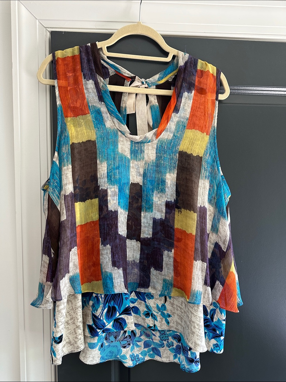 Sleeveless Multi-Color Patterned Women's Top - Blue, Orange & Yellow